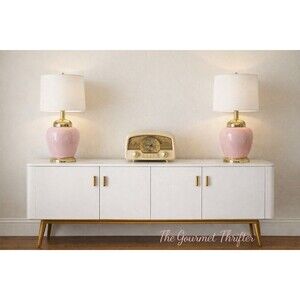 Pair of Alsy Blush Pink Ceramic 27” Table Lamps Brass Base Vintage Glam READ